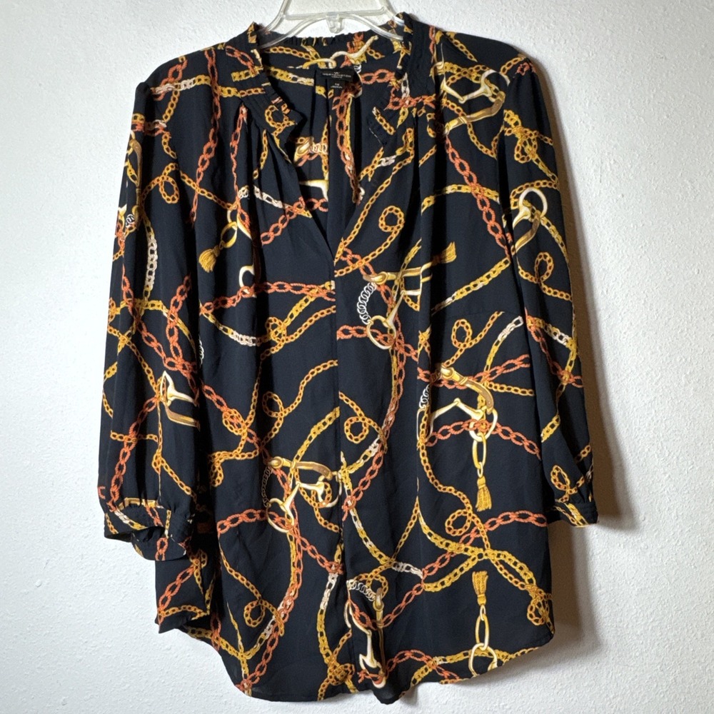 Worthington Woman 1X Black Horse Bit Chain Print Blouse 3/4 Sleeve